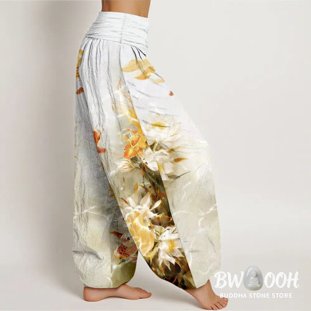 Buddha Stones Pure Cotton Light-Colored Koi Fish Lotus Flower Pattern Women’s Elastic Waist Harem Pants - Women’s Harem