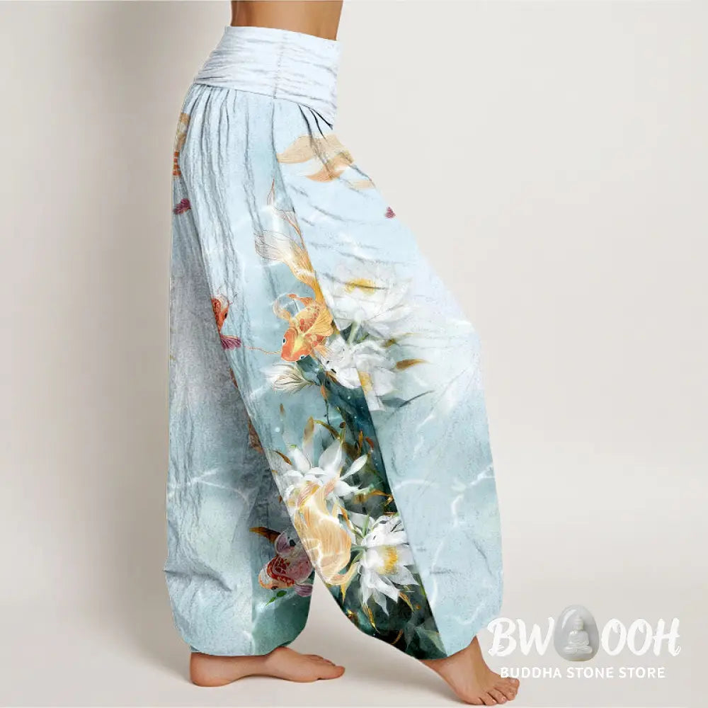 Buddha Stones Pure Cotton Light-Colored Koi Fish Lotus Flower Pattern Women’s Elastic Waist Harem Pants - Women’s Harem