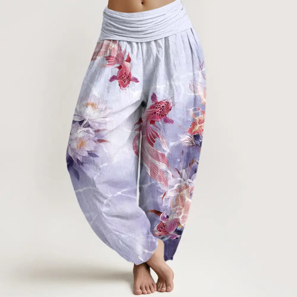 Buddha Stones Pure Cotton Light-Colored Koi Fish Lotus Flower Pattern Women’s Elastic Waist Harem Pants - Lavender