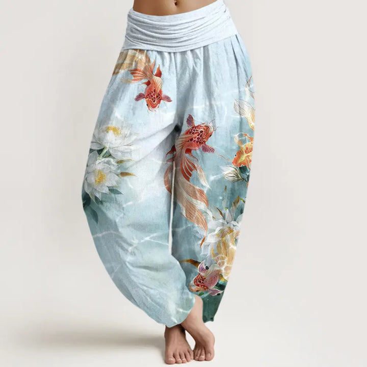 BWOOOH lotus print harem pants - Pure Cotton Light-Colored Koi Fish Lotus