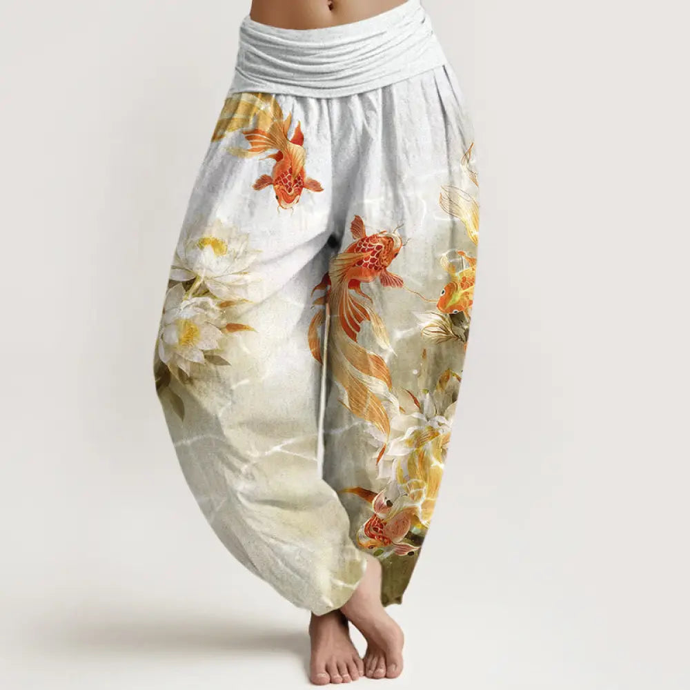Buddha Stones Pure Cotton Light-Colored Koi Fish Lotus Flower Pattern Women’s Elastic Waist Harem Pants - LightYellow