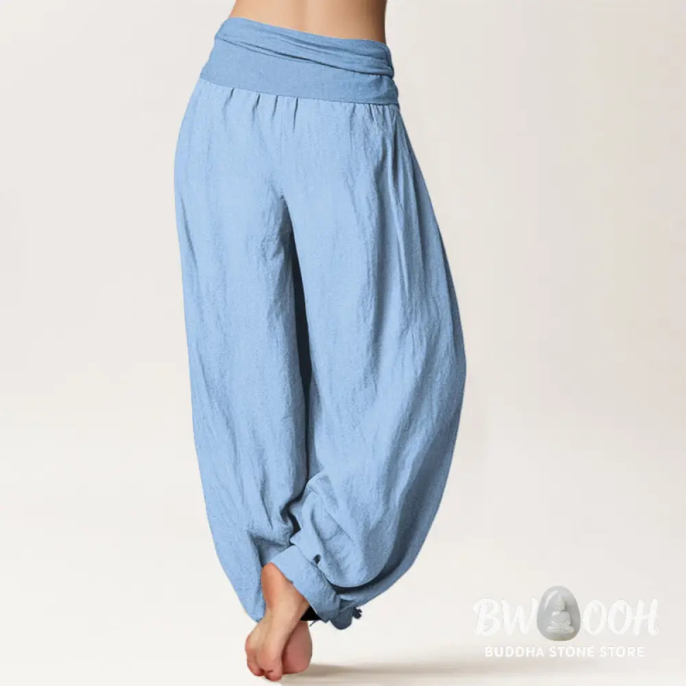 Buddha Stones Pure Cotton Light Sky Blue Women’s Elastic Waist Harem Pants - Women’s Harem Pants