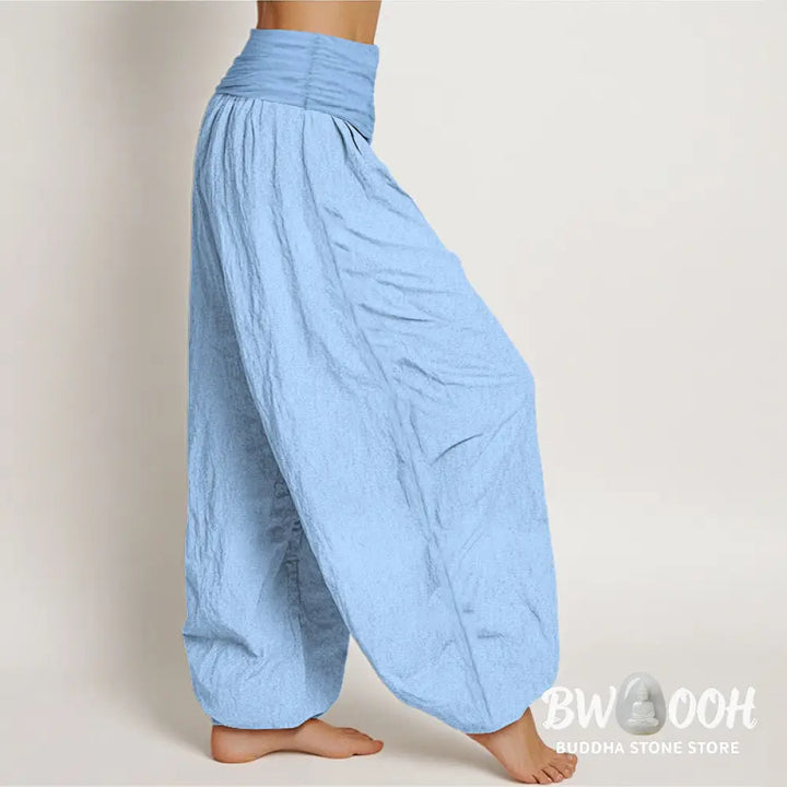 Buddha Stones Pure Cotton Light Sky Blue Women’s Elastic Waist Harem Pants - Women’s Harem Pants