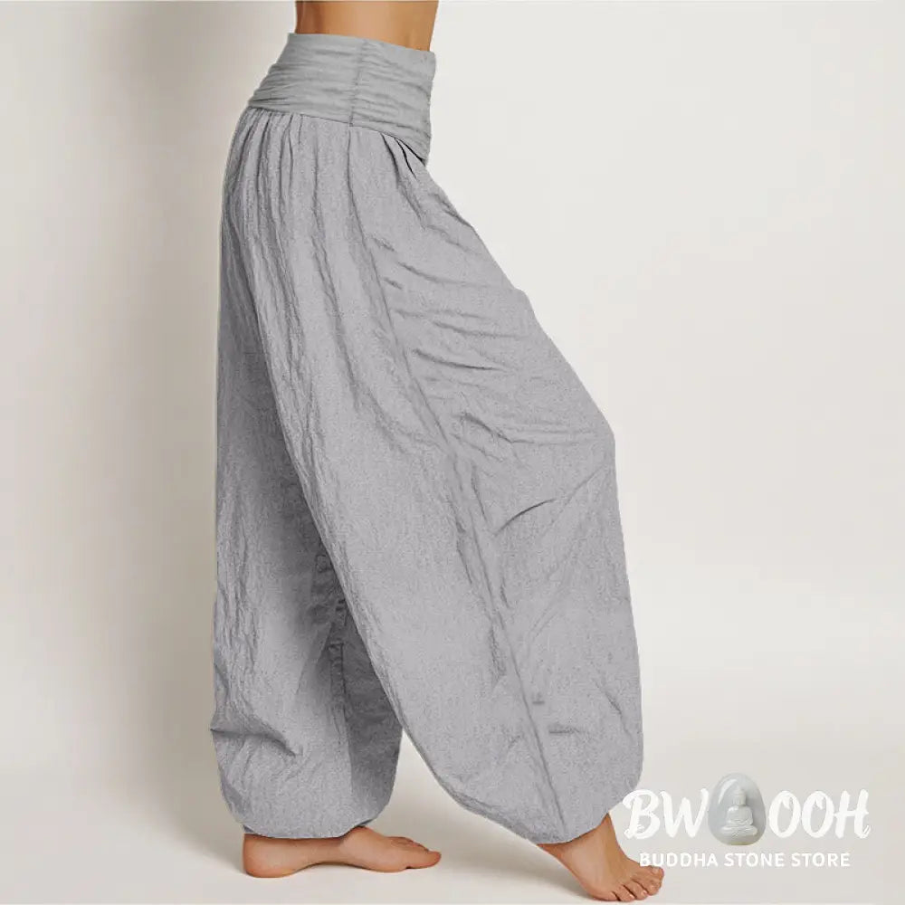 Buddha Stones Pure Cotton LightGrey Women’s Elastic Waist Harem Pants - Women’s Harem Pants