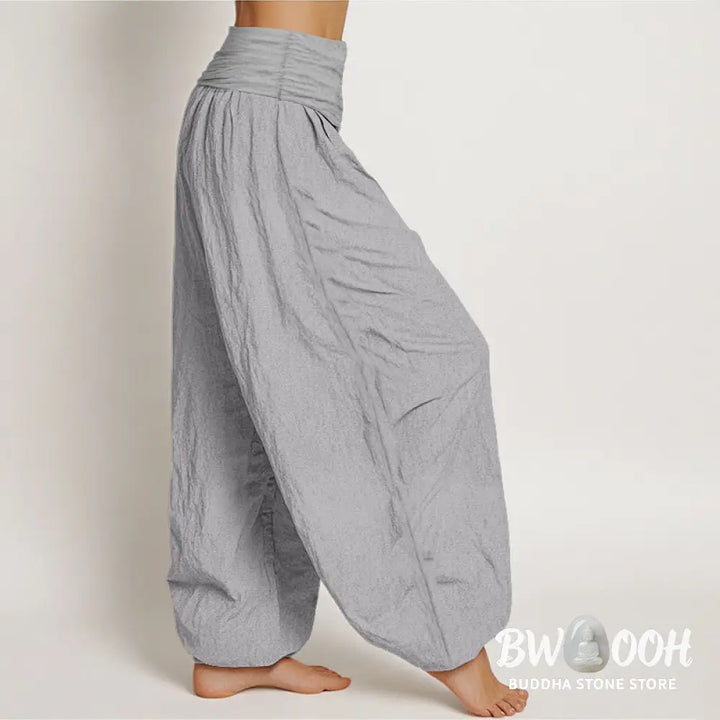 Buddha Stones Pure Cotton LightGrey Women’s Elastic Waist Harem Pants - Women’s Harem Pants