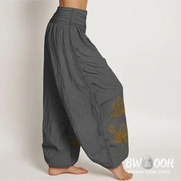 Buddha Stones Pure Cotton Line Drawing Lotus Flower Pattern Women’s Elastic Waist Harem Pants - Women’s Harem Pants