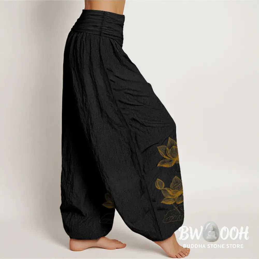 Buddha Stones Pure Cotton Line Drawing Lotus Flower Pattern Women’s Elastic Waist Harem Pants - Women’s Harem Pants