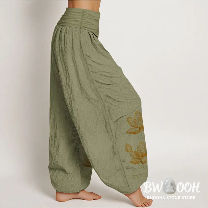 Buddha Stones Pure Cotton Line Drawing Lotus Flower Pattern Women’s Elastic Waist Harem Pants - Women’s Harem Pants