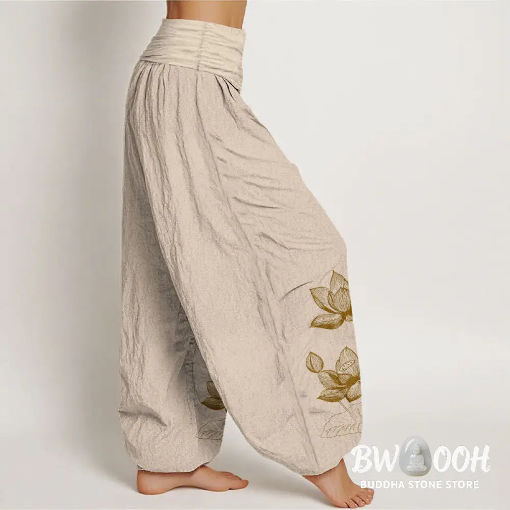 Buddha Stones Pure Cotton Line Drawing Lotus Flower Pattern Women’s Elastic Waist Harem Pants - Women’s Harem Pants