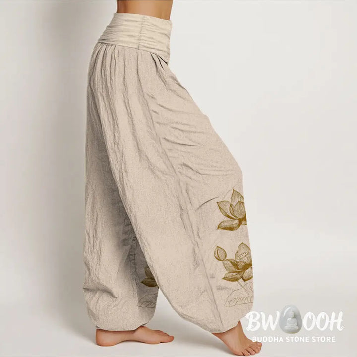 Buddha Stones Pure Cotton Line Drawing Lotus Flower Pattern Women’s Elastic Waist Harem Pants - Women’s Harem Pants