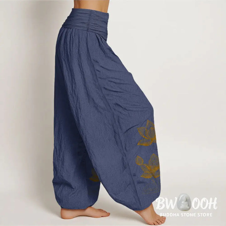 Buddha Stones Pure Cotton Line Drawing Lotus Flower Pattern Women’s Elastic Waist Harem Pants - Women’s Harem Pants