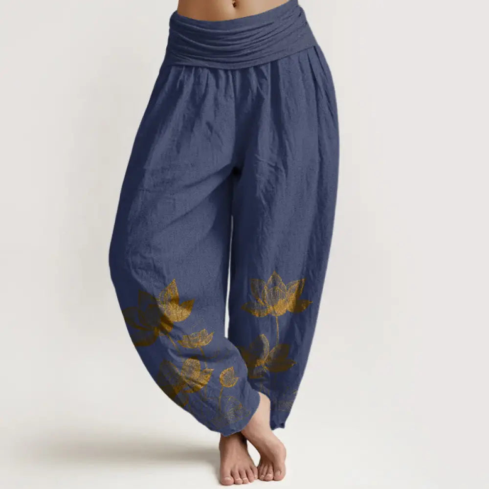 Buddha Stones Pure Cotton Line Drawing Lotus Flower Pattern Women’s Elastic Waist Harem Pants - DarkSlateBlue
