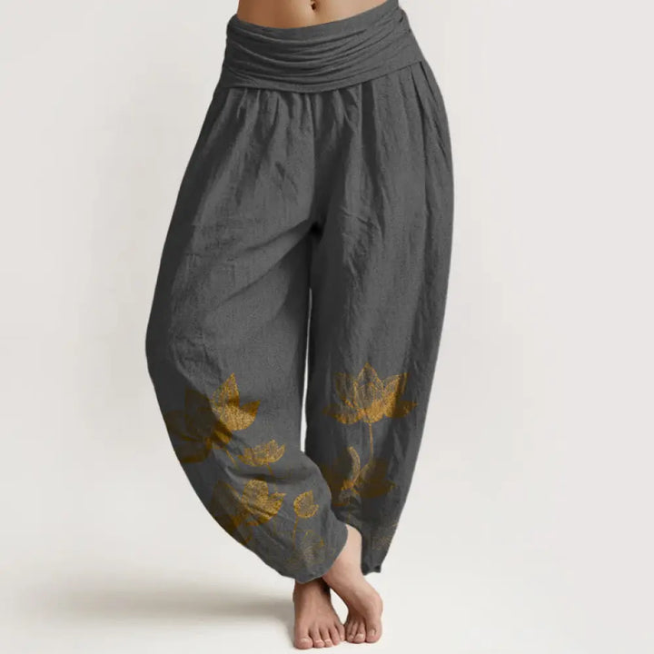Buddha Stones Pure Cotton Line Drawing Lotus Flower Pattern Women’s Elastic Waist Harem Pants - DimGray