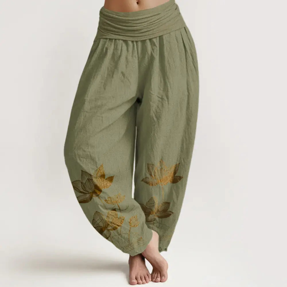 Buddha Stones Pure Cotton Line Drawing Lotus Flower Pattern Women’s Elastic Waist Harem Pants - OliveDrab