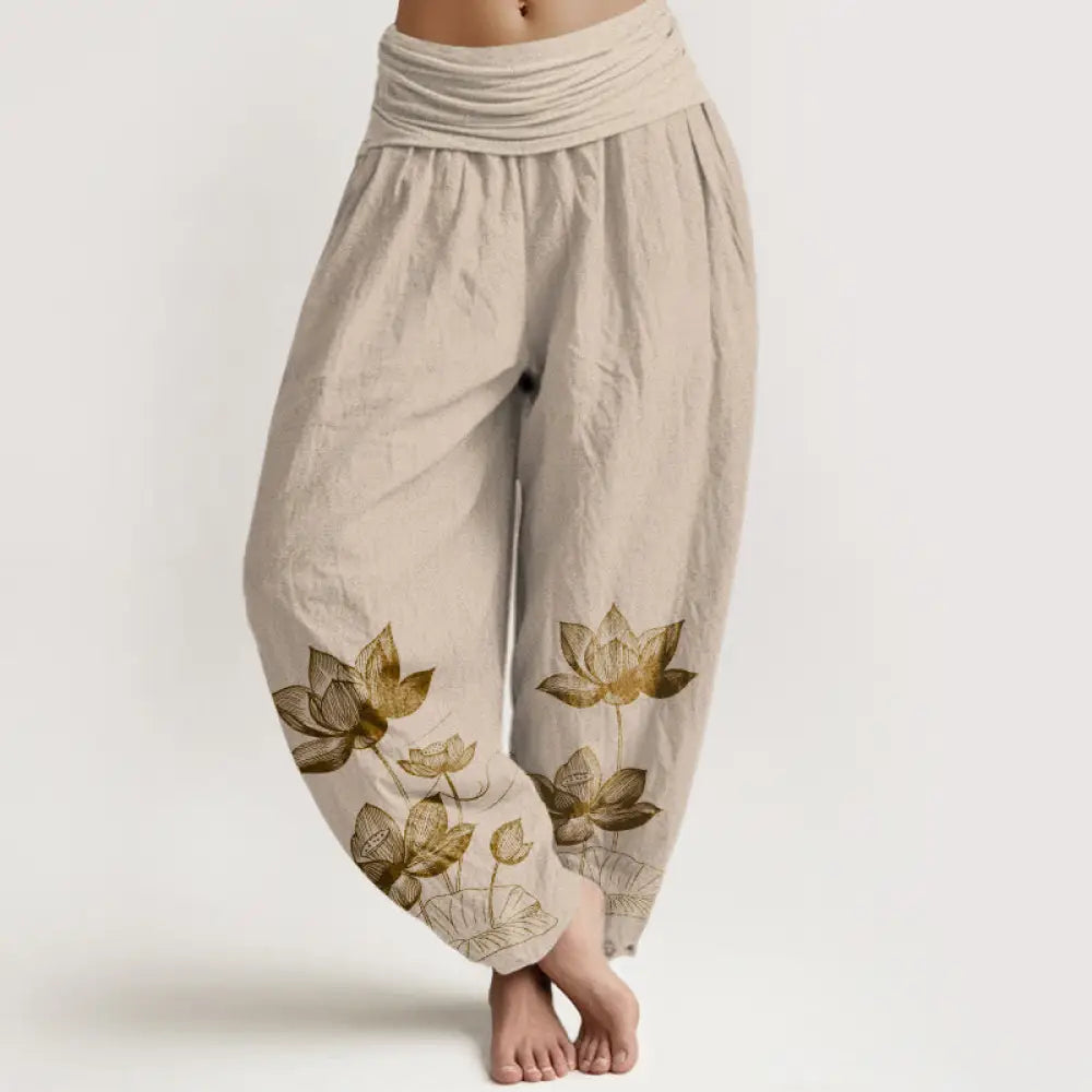 Buddha Stones Pure Cotton Line Drawing Lotus Flower Pattern Women’s Elastic Waist Harem Pants - Tan / US2，UK/AU6，EU34