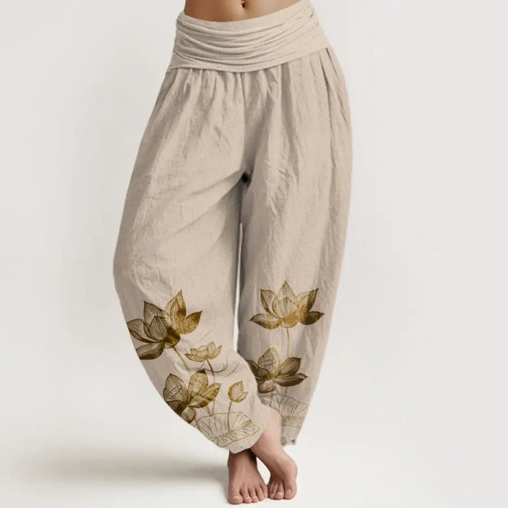 Buddha Stones Pure Cotton Line Drawing Lotus Flower Pattern Women’s Elastic Waist Harem Pants - Tan / US2，UK/AU6，EU34