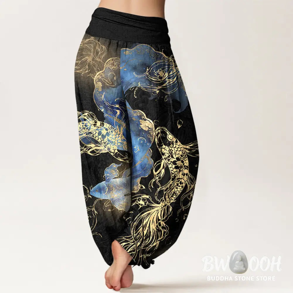 Buddha Stones Pure Cotton Lively Koi Fish Pattern Women’s Elastic Waist Harem Pants - Women’s Harem Pants