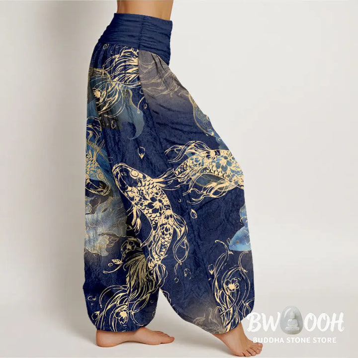 Buddha Stones Pure Cotton Lively Koi Fish Pattern Women’s Elastic Waist Harem Pants - Women’s Harem Pants