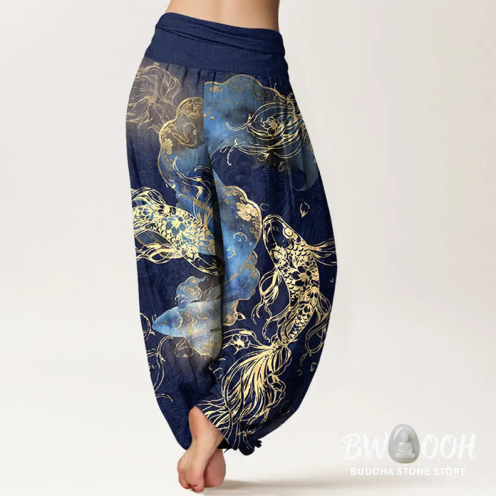 Buddha Stones Pure Cotton Lively Koi Fish Pattern Women’s Elastic Waist Harem Pants - Women’s Harem Pants