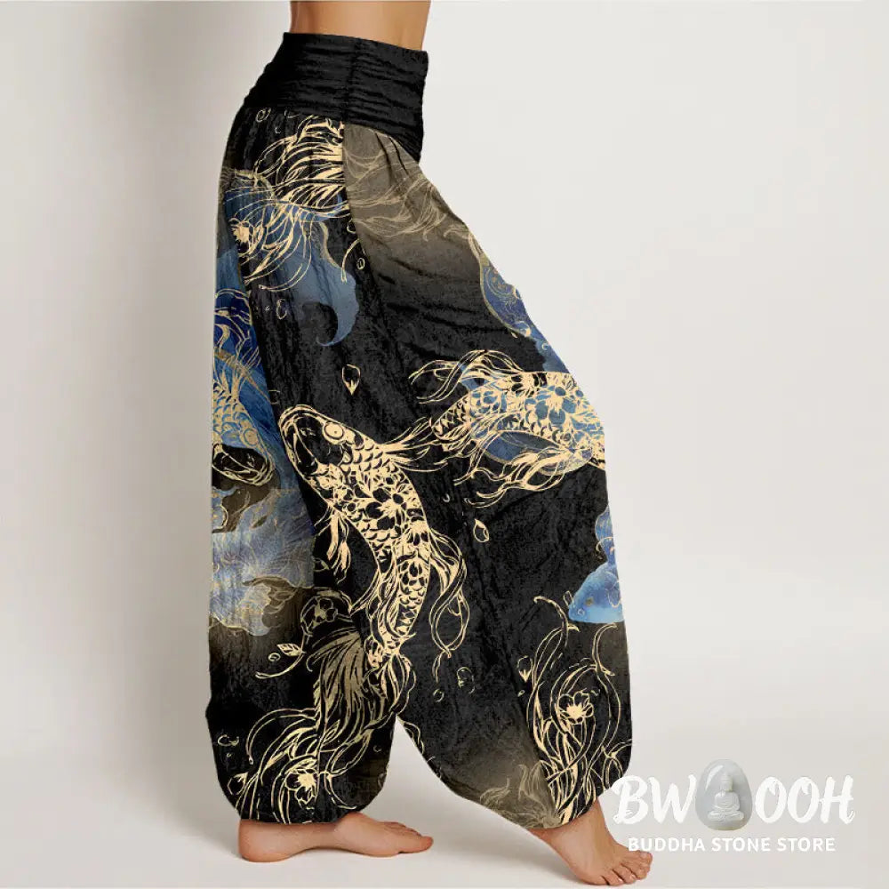 Buddha Stones Pure Cotton Lively Koi Fish Pattern Women’s Elastic Waist Harem Pants - Women’s Harem Pants