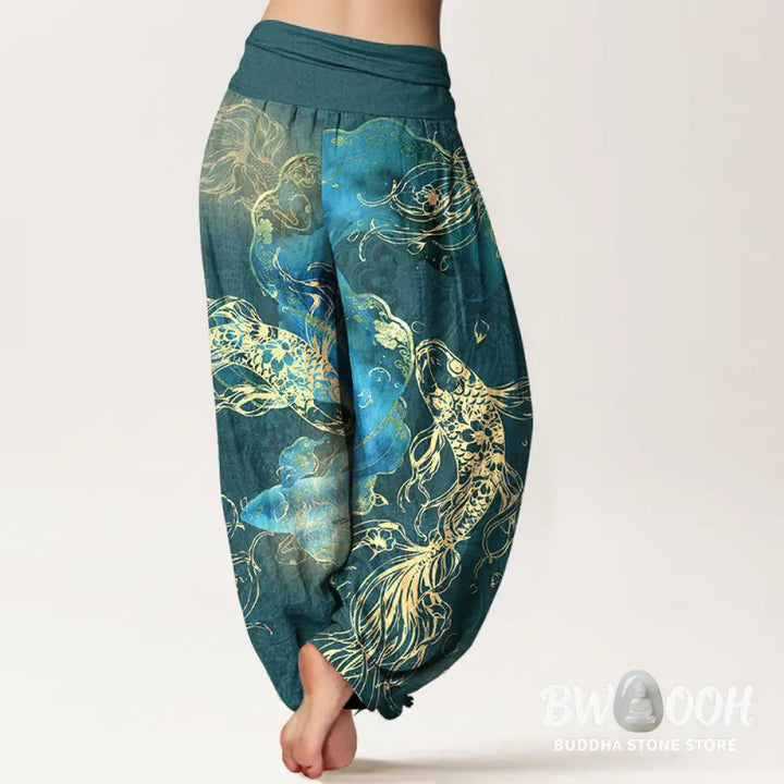 Buddha Stones Pure Cotton Lively Koi Fish Pattern Women’s Elastic Waist Harem Pants - Women’s Harem Pants