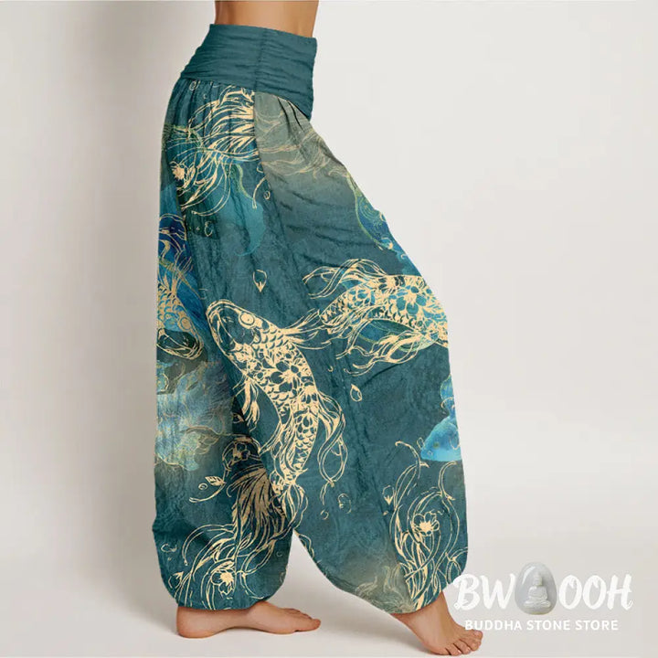 Buddha Stones Pure Cotton Lively Koi Fish Pattern Women’s Elastic Waist Harem Pants - Women’s Harem Pants