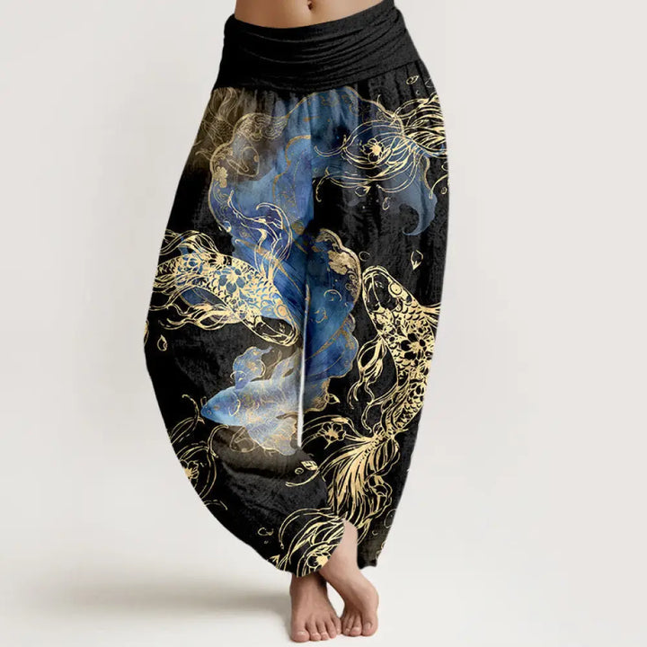 Buddha Stones Pure Cotton Lively Koi Fish Pattern Women’s Elastic Waist Harem Pants - Black / US2，UK/AU6，EU34 (XS)