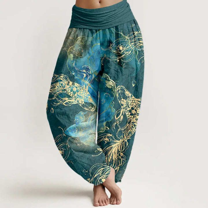Buddha Stones Pure Cotton Lively Koi Fish Pattern Women’s Elastic Waist Harem Pants - Teal / US2，UK/AU6，EU34 (XS)