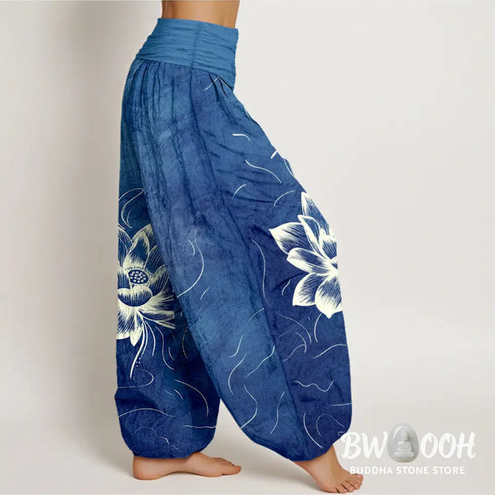 Buddha Stones Pure Cotton Lotus Flower Pattern Women’s Elastic Waist Harem Pants - Women’s Harem Pants