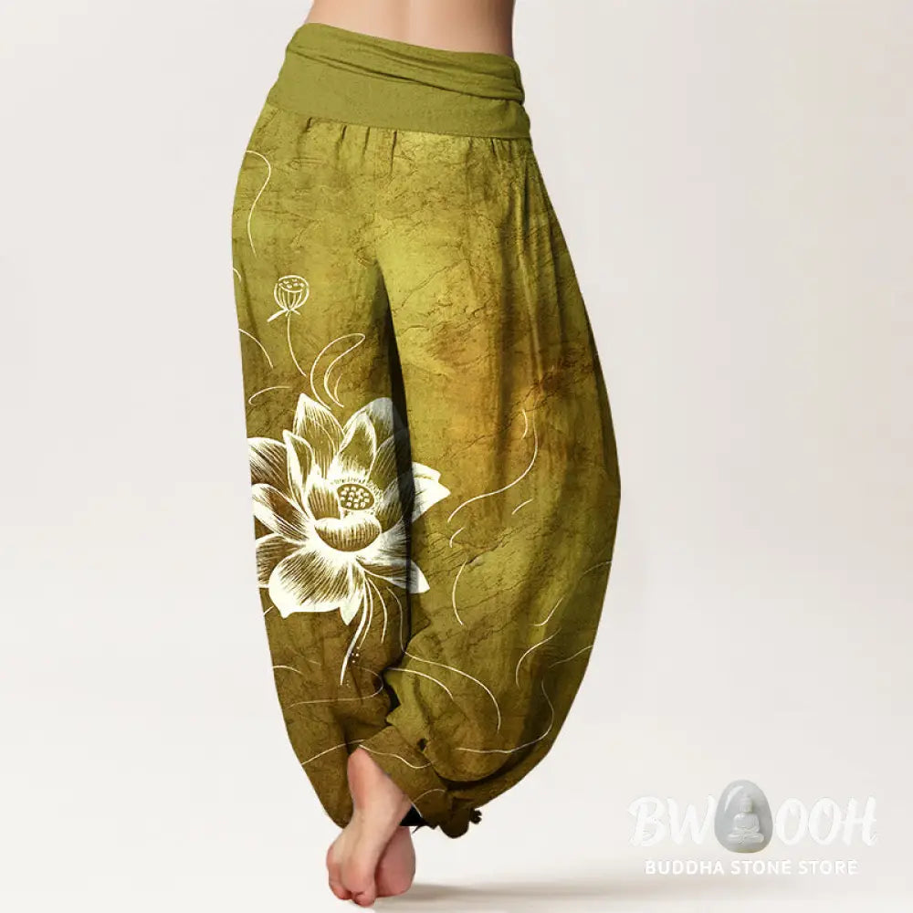 Buddha Stones Pure Cotton Lotus Flower Pattern Women’s Elastic Waist Harem Pants - Women’s Harem Pants