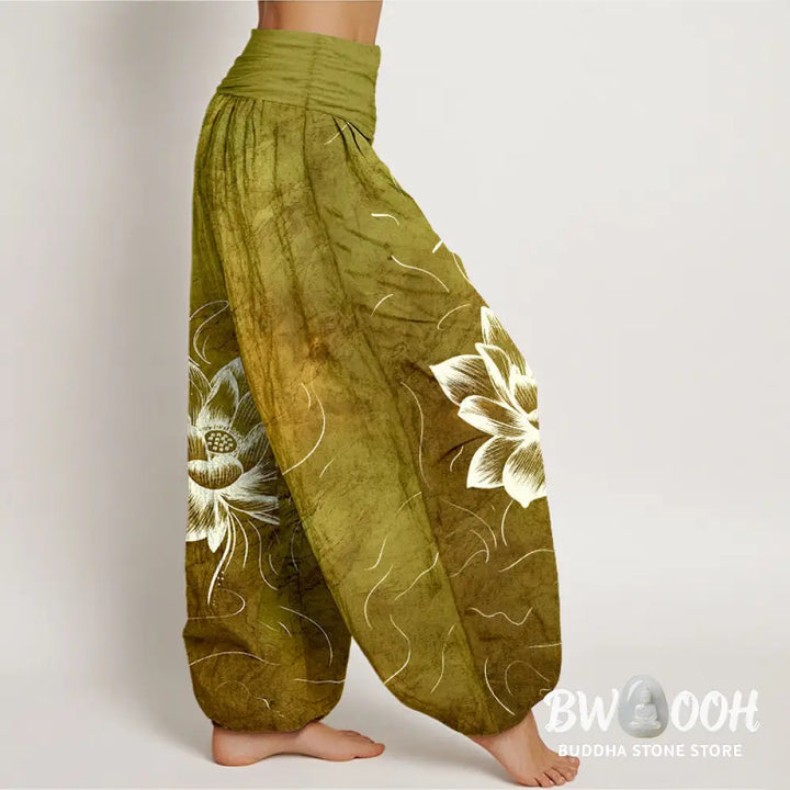 Buddha Stones Pure Cotton Lotus Flower Pattern Women’s Elastic Waist Harem Pants - Women’s Harem Pants