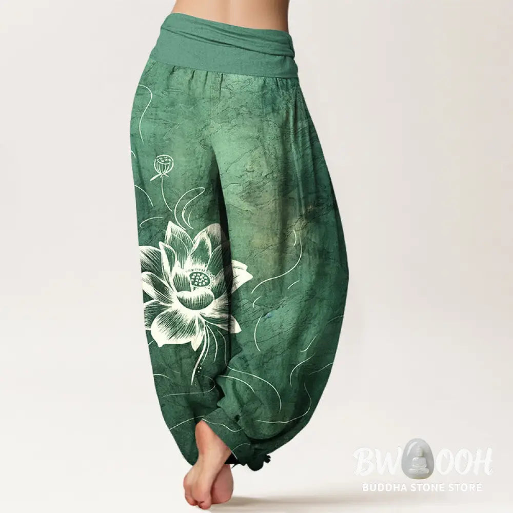 Buddha Stones Pure Cotton Lotus Flower Pattern Women’s Elastic Waist Harem Pants - Women’s Harem Pants
