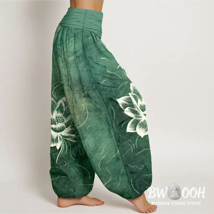 Buddha Stones Pure Cotton Lotus Flower Pattern Women’s Elastic Waist Harem Pants - Women’s Harem Pants