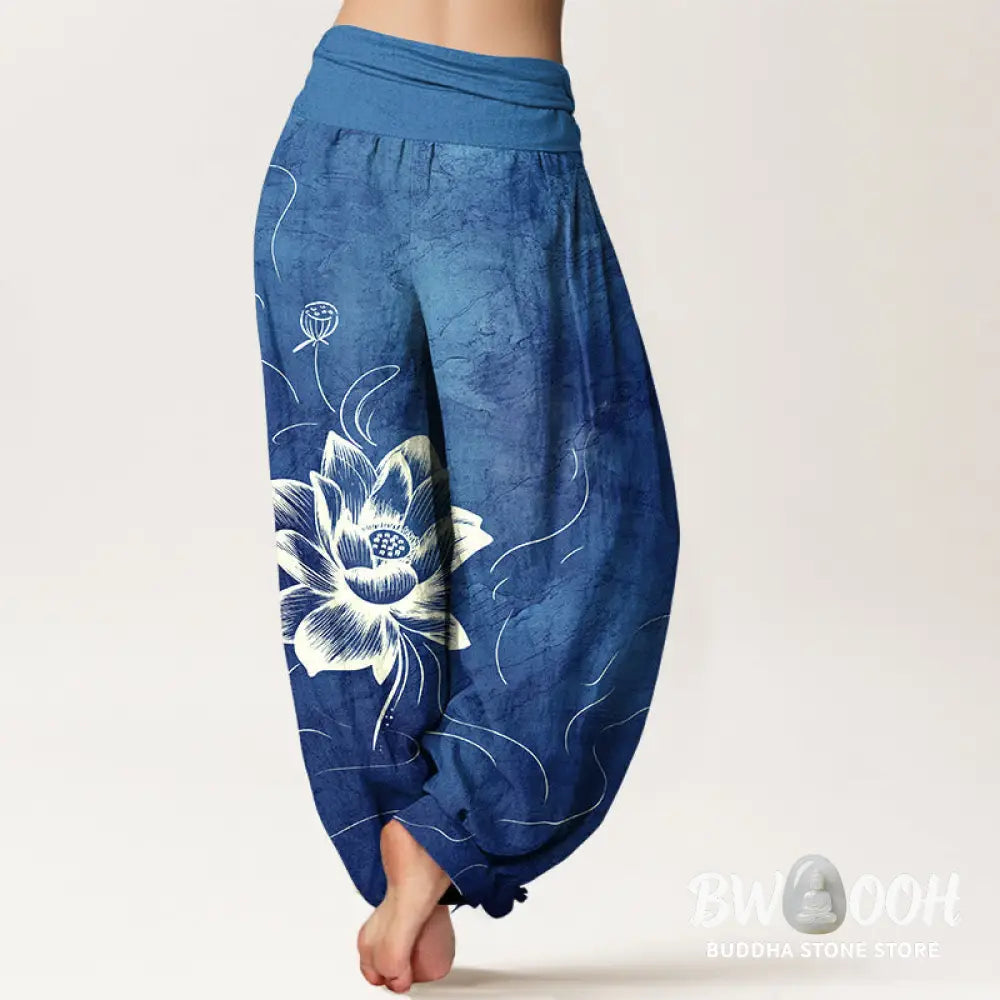 Buddha Stones Pure Cotton Lotus Flower Pattern Women’s Elastic Waist Harem Pants - Women’s Harem Pants