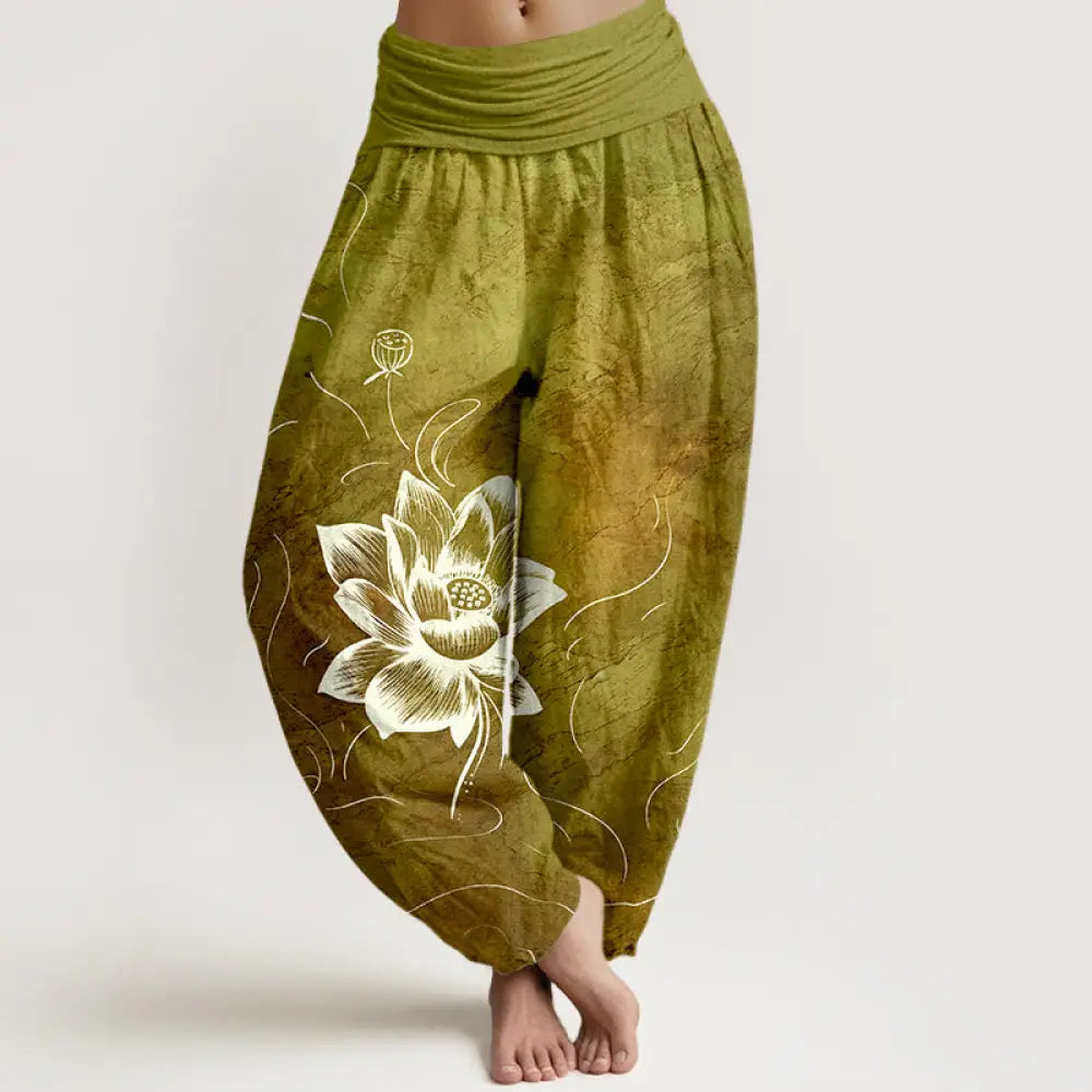 Buddha Stones Pure Cotton Lotus Flower Pattern Women’s Elastic Waist Harem Pants - DarkGoldenrod / US2，UK/AU6，EU34 (XS)