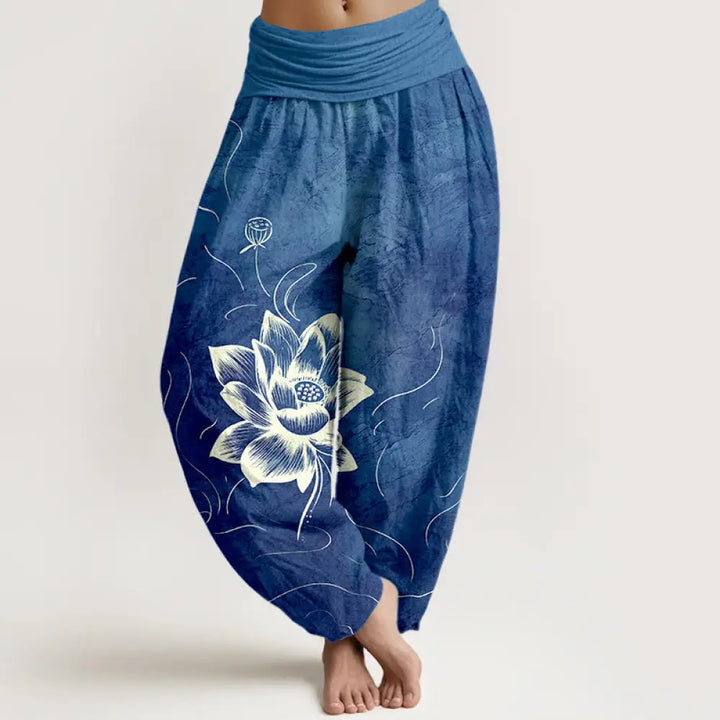 Buddha Stones Pure Cotton Lotus Flower Pattern Women’s Elastic Waist Harem Pants - RoyalBlue / US2，UK/AU6，EU34 (XS)