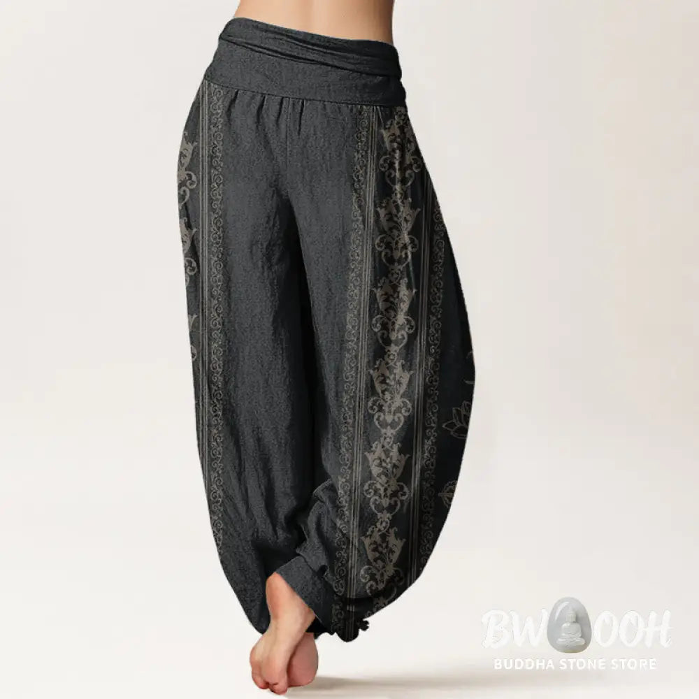 Buddha Stones Pure Cotton Lotus Flowers Double Dorje Vajra Namaste Om Design Women’s Elastic Waist Harem Pants