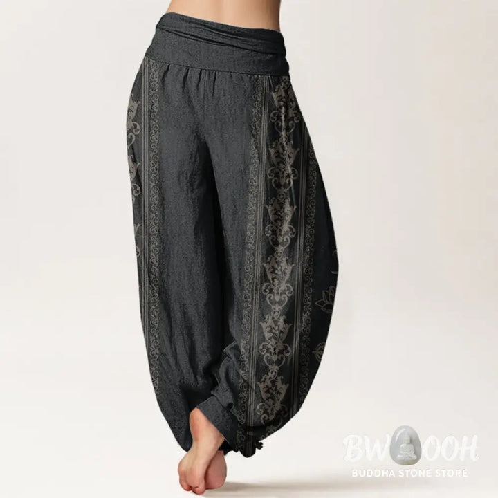 Buddha Stones Pure Cotton Lotus Flowers Double Dorje Vajra Namaste Om Design Women’s Elastic Waist Harem Pants