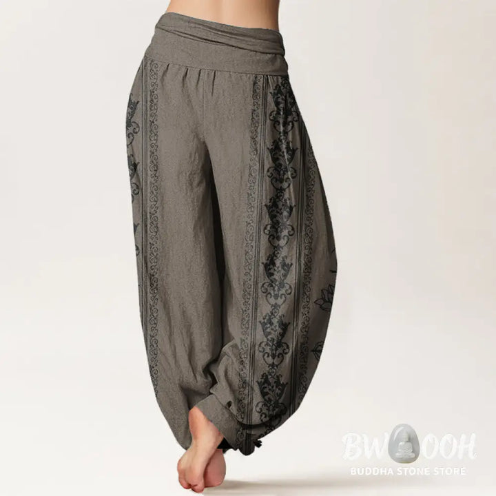 Buddha Stones Pure Cotton Lotus Flowers Double Dorje Vajra Namaste Om Design Women’s Elastic Waist Harem Pants
