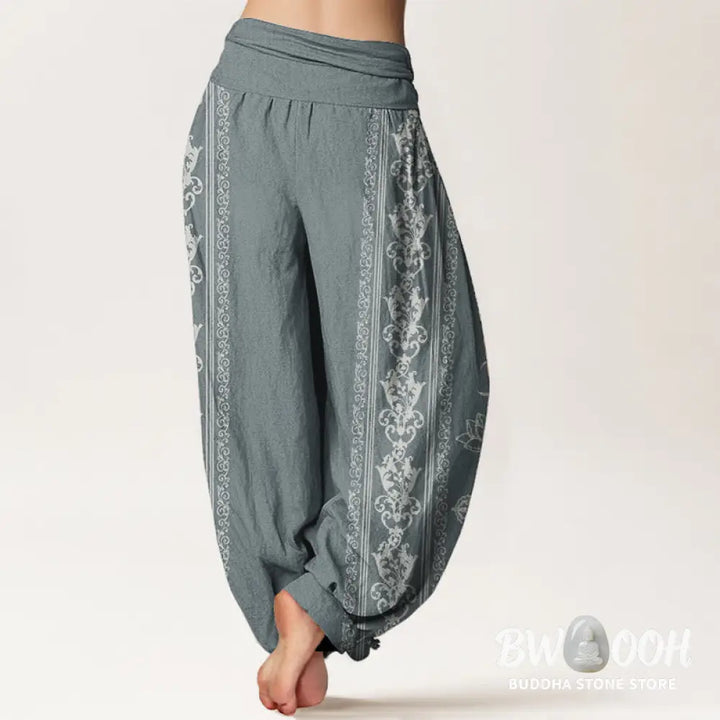 Buddha Stones Pure Cotton Lotus Flowers Double Dorje Vajra Namaste Om Design Women’s Elastic Waist Harem Pants