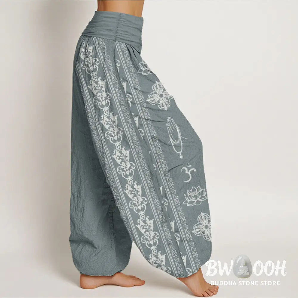 Buddha Stones Pure Cotton Lotus Flowers Double Dorje Vajra Namaste Om Design Women’s Elastic Waist Harem Pants