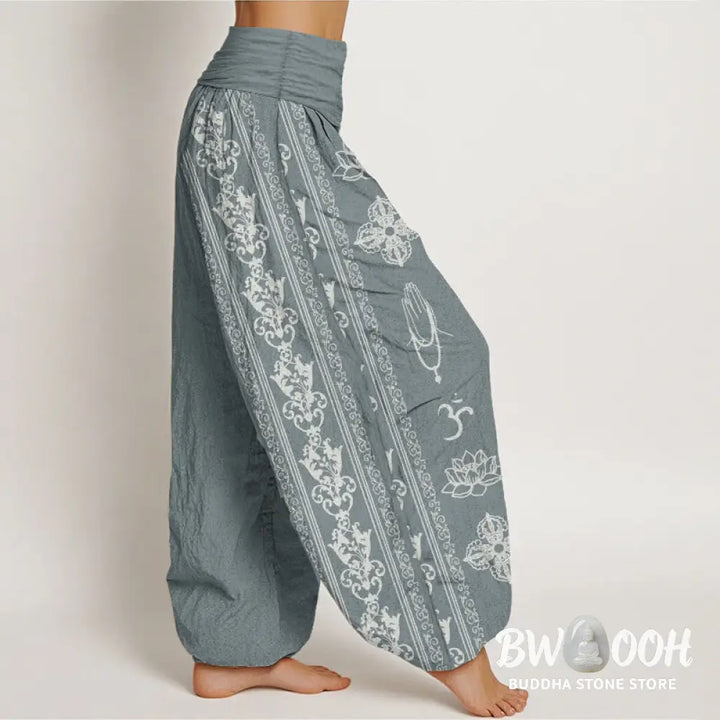 Buddha Stones Pure Cotton Lotus Flowers Double Dorje Vajra Namaste Om Design Women’s Elastic Waist Harem Pants