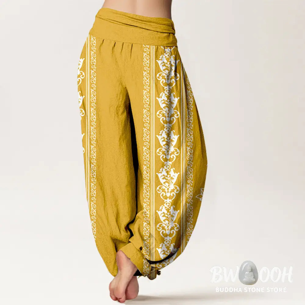 Buddha Stones Pure Cotton Lotus Flowers Double Dorje Vajra Namaste Om Design Women’s Elastic Waist Harem Pants