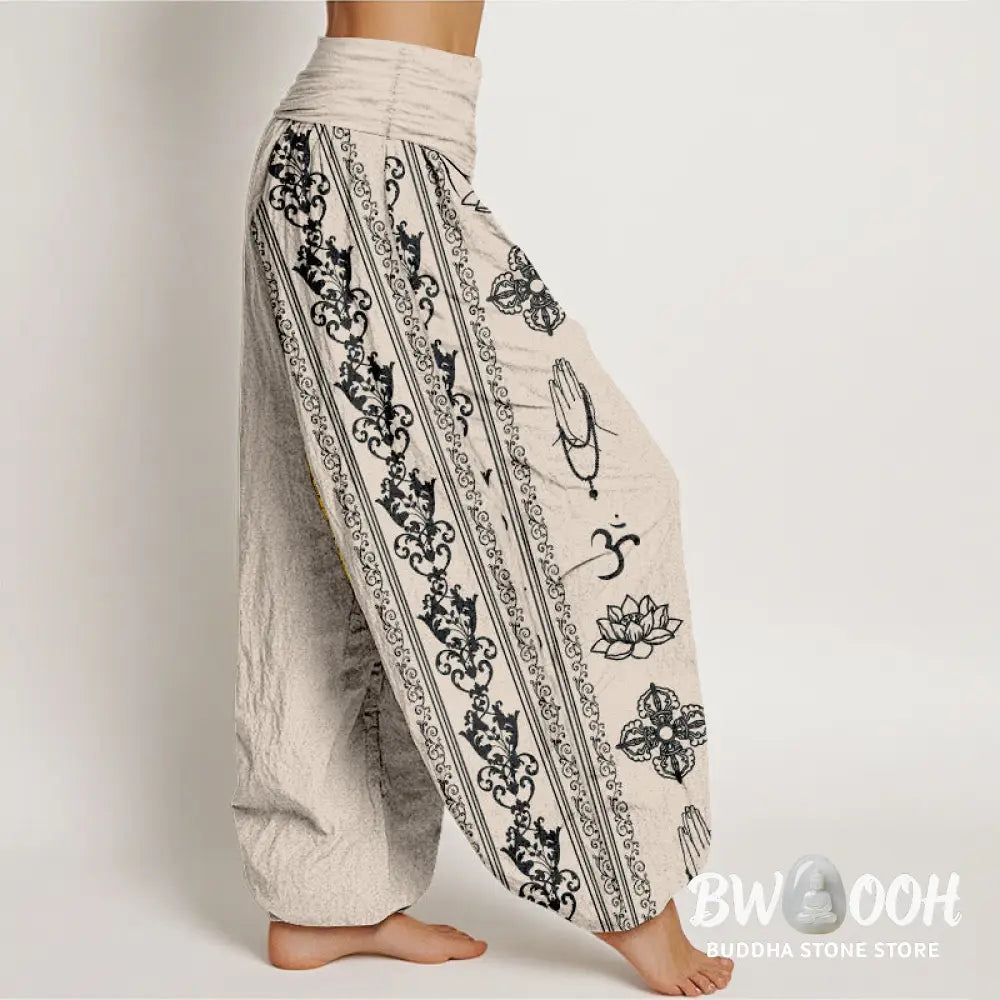 Buddha Stones Pure Cotton Lotus Flowers Double Dorje Vajra Namaste Om Design Women’s Elastic Waist Harem Pants