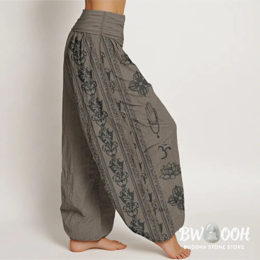 Buddha Stones Pure Cotton Lotus Flowers Double Dorje Vajra Namaste Om Design Women’s Elastic Waist Harem Pants