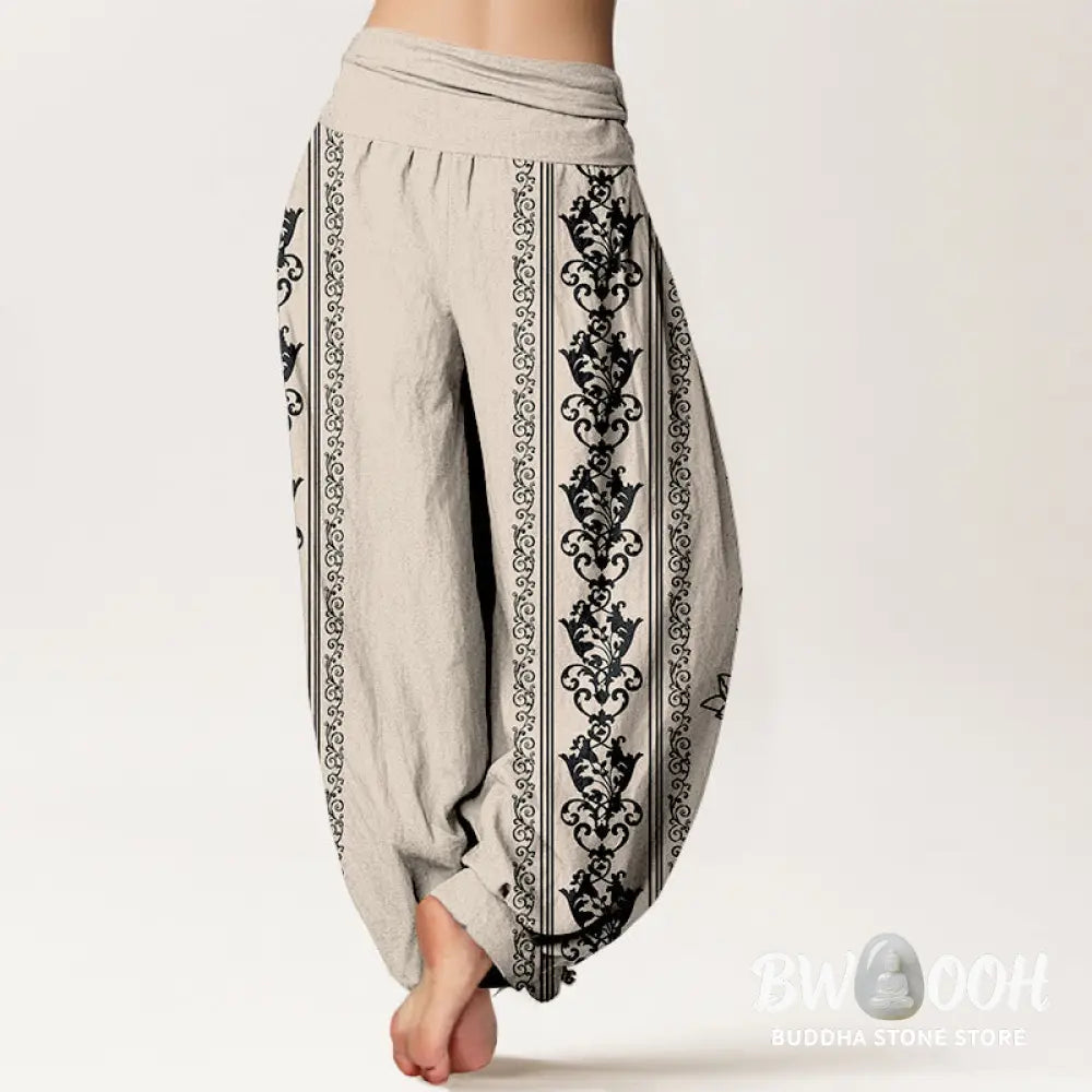 Buddha Stones Pure Cotton Lotus Flowers Double Dorje Vajra Namaste Om Design Women’s Elastic Waist Harem Pants