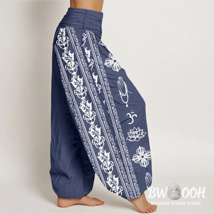 Buddha Stones Pure Cotton Lotus Flowers Double Dorje Vajra Namaste Om Design Women’s Elastic Waist Harem Pants