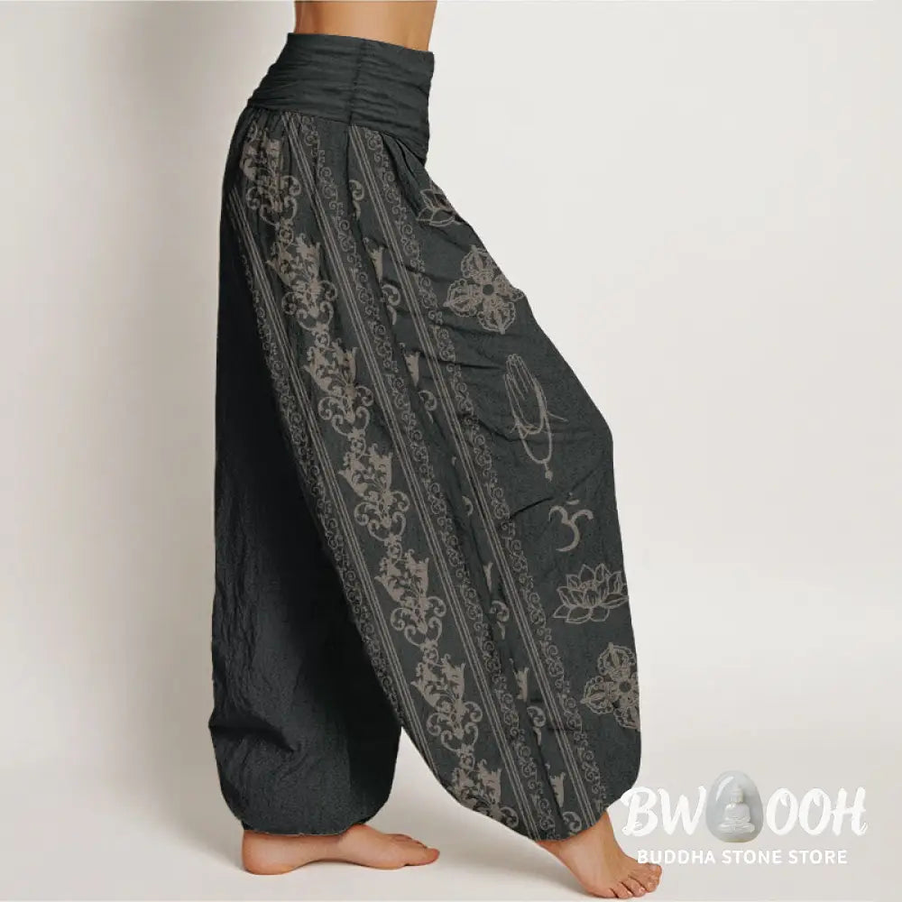 Buddha Stones Pure Cotton Lotus Flowers Double Dorje Vajra Namaste Om Design Women’s Elastic Waist Harem Pants