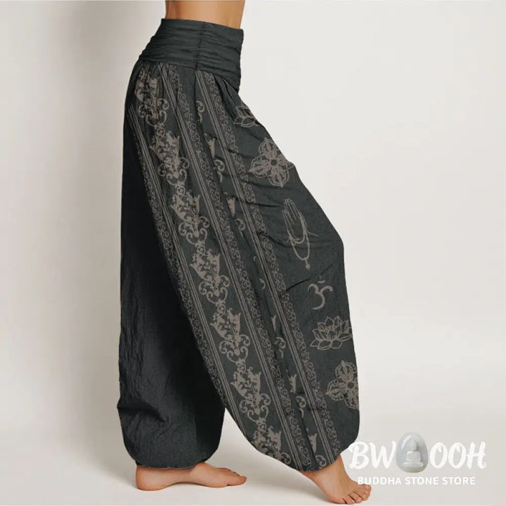 Buddha Stones Pure Cotton Lotus Flowers Double Dorje Vajra Namaste Om Design Women’s Elastic Waist Harem Pants