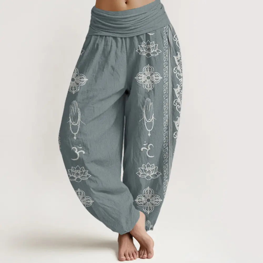 Buddha Stones Pure Cotton Lotus Flowers Double Dorje Vajra Namaste Om Design Women’s Elastic Waist Harem Pants